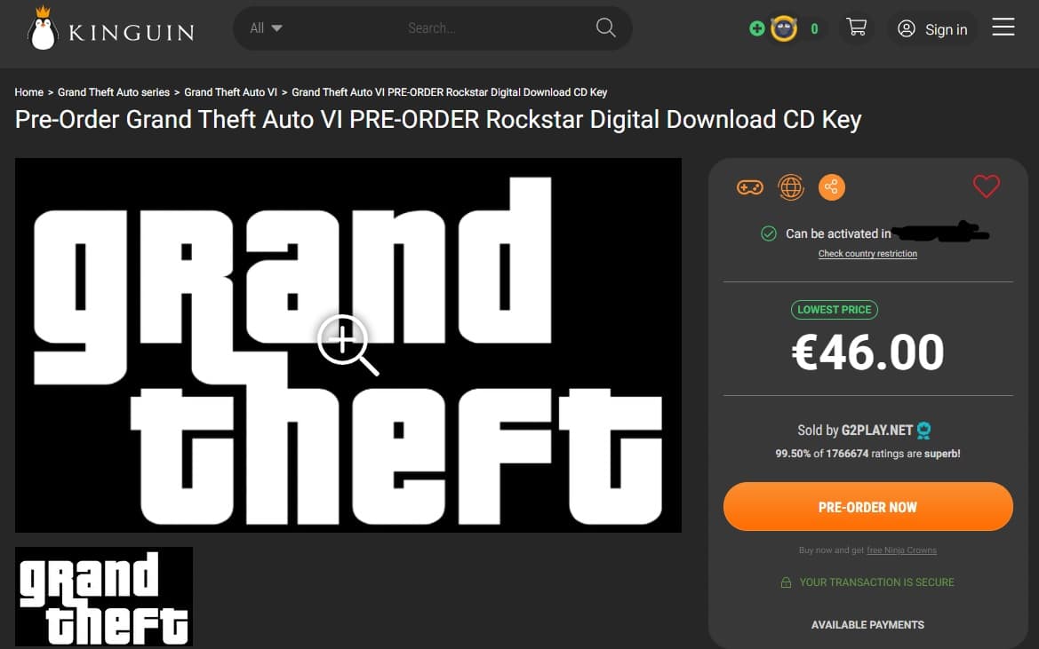 Grand Theft Auto VI PRE-ORDER Rockstar Digital Download CD Key