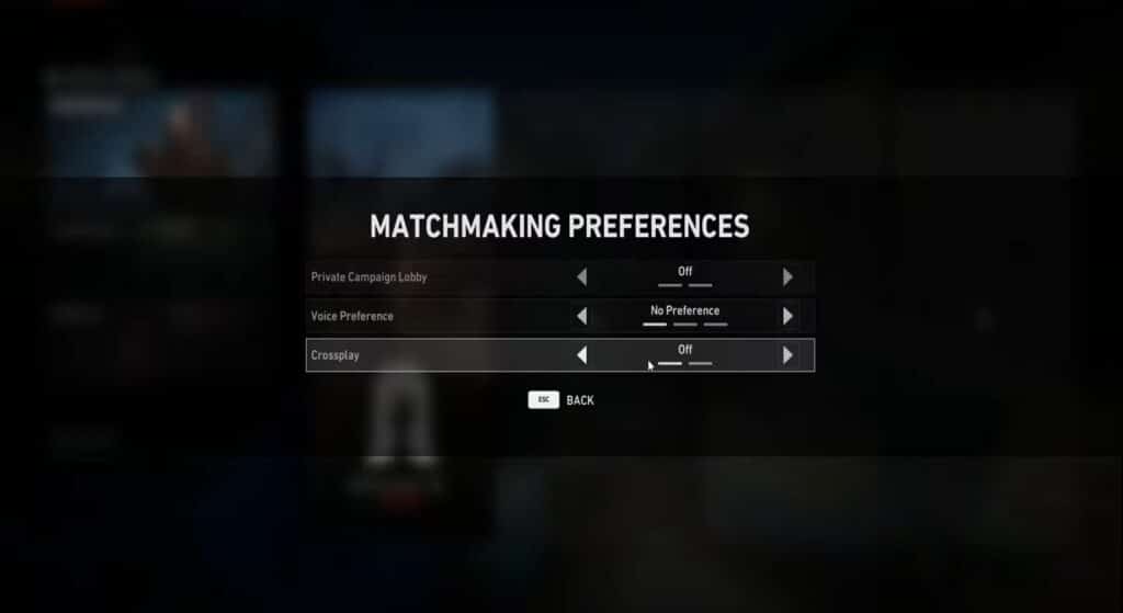 Back 4 Blood Crossplay settings in Matchmaking Preferences menu.