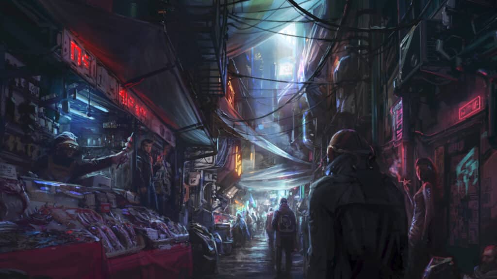 Starfield - Neon: The bustling nightlife through the market streets.