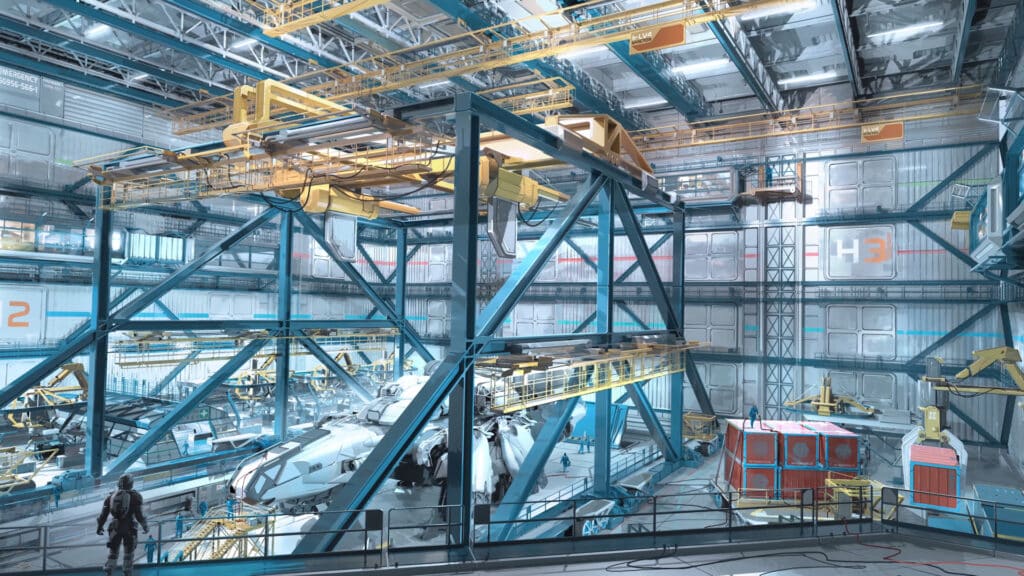 Starfield - Inside a hangar, a pilot waits for the ship's repairs to be completed.