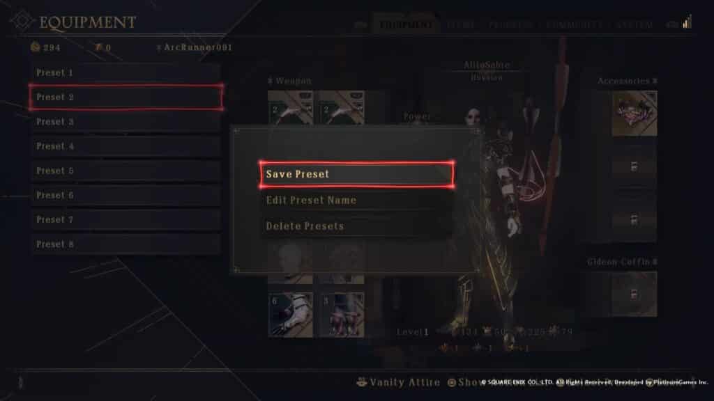 How to change equipment presets in Babylon's Fall
