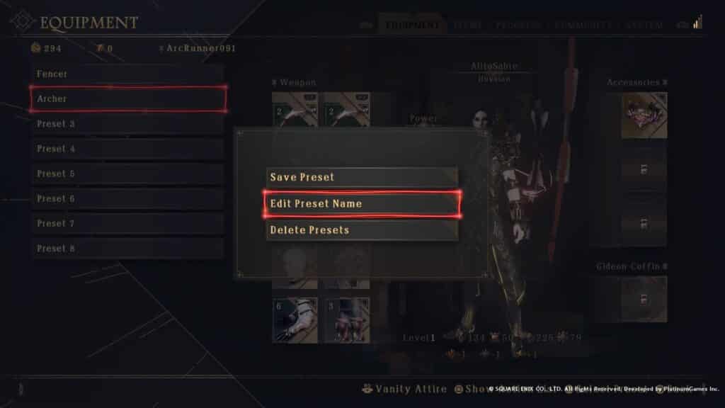 How to change equipment presets in Babylon's Fall