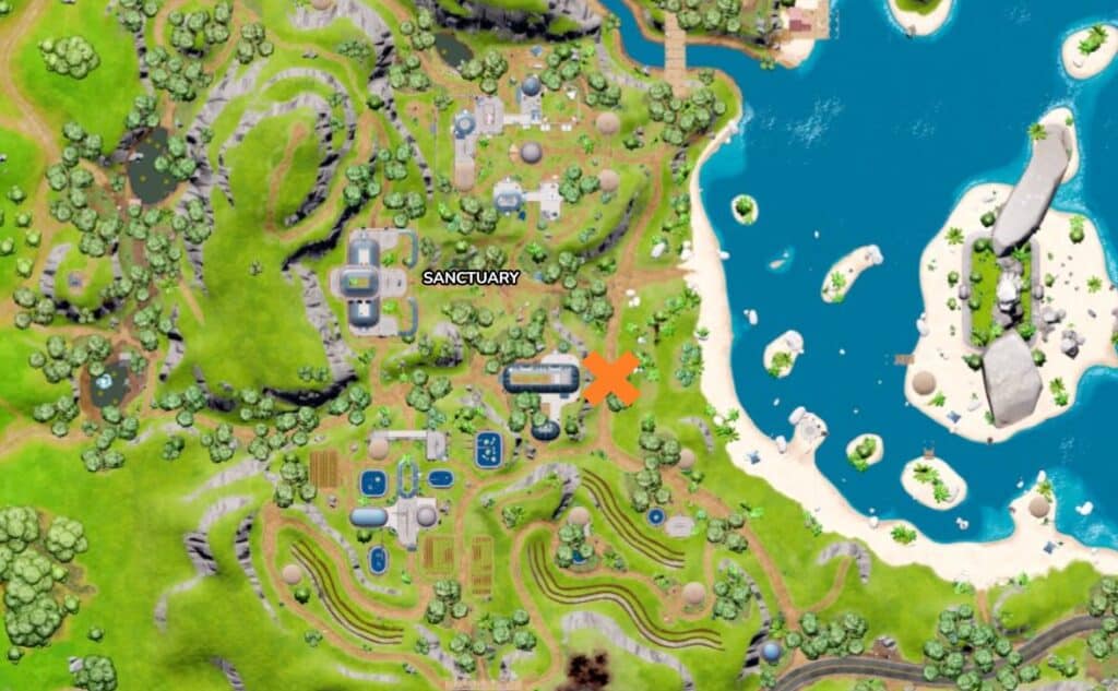 Fortnite Battle Bus Location Map - Sanctuary's southwest corner