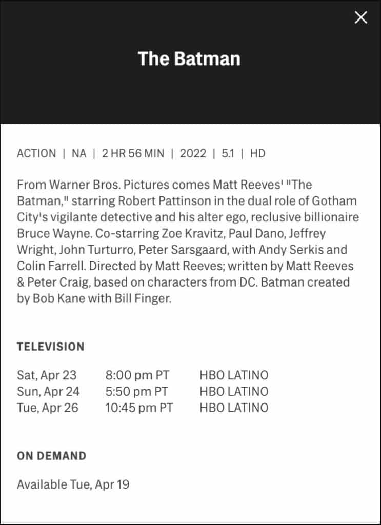 'The Batman' schedule on HBO Max.