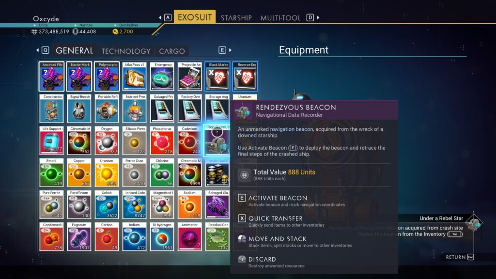 Activate the Rendezvous Beacon from your inventory - Under a Rebel Star mission in No Man's Sky