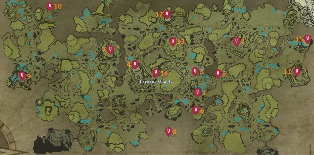 All Farbane Woods Boss Locations - V Rising map