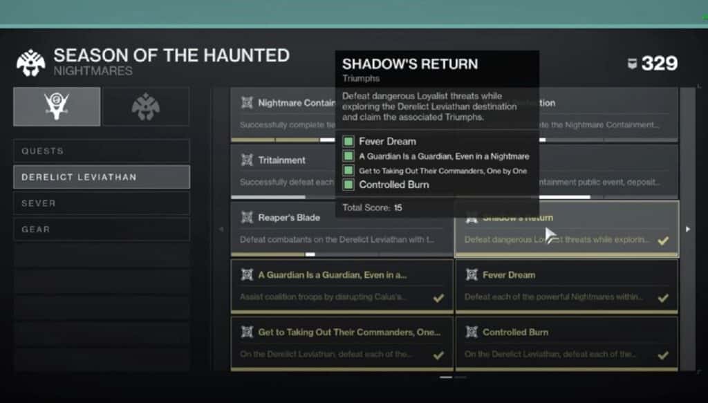 Shadow's Return Triumphs - Destiny 2 Season of the Hunted Reaper Title