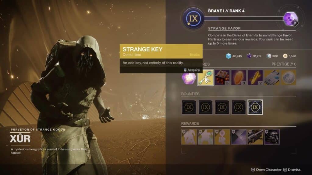 Destiny 2 - Reach rank 4 with Xur to get the Strange Key for free.