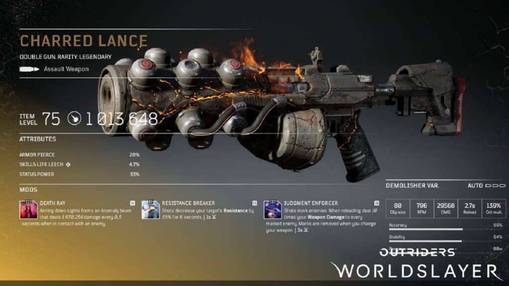 Charred Lance - Legendary Double Gun - Outriders Worldslayer