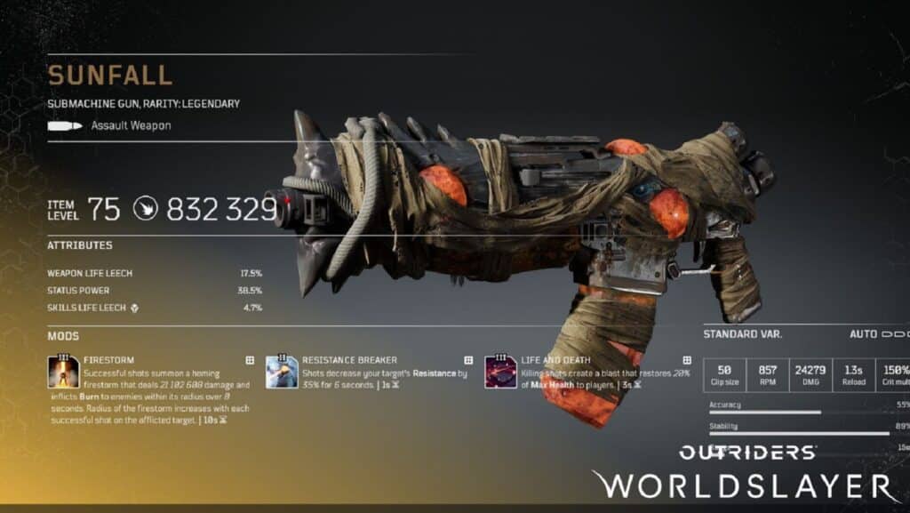 Sunfall - Legendary Submachine Gun - Outriders Worldslayer