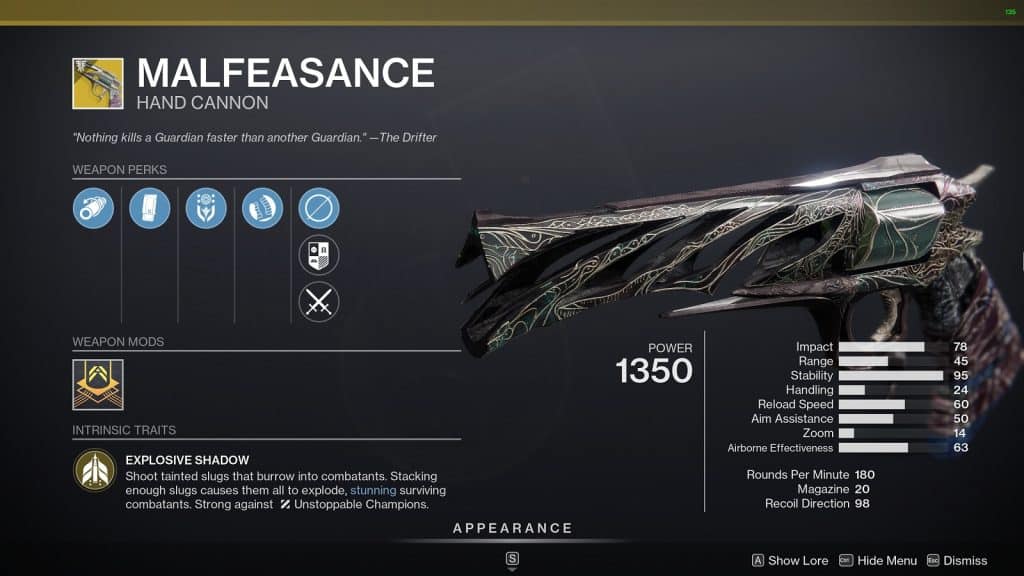 Malfeasance Best Hand Cannons in Destiny 2