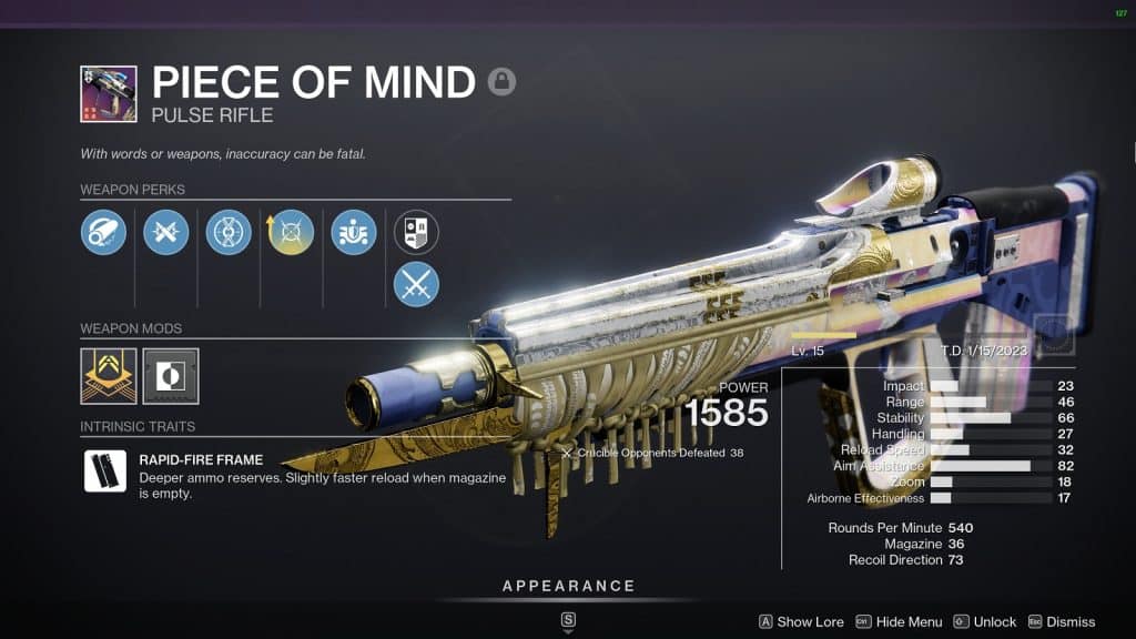 Piece of Mind Pulse Rifle - Best Weapons you need to craft before before Destiny 2 Lightfall