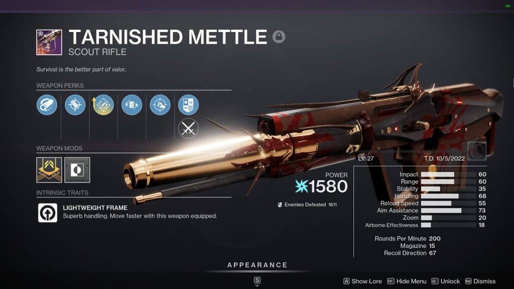 Tarnished Mettle Scout Rifle - Best Weapons you need to craft before Lightfall in Destiny 2