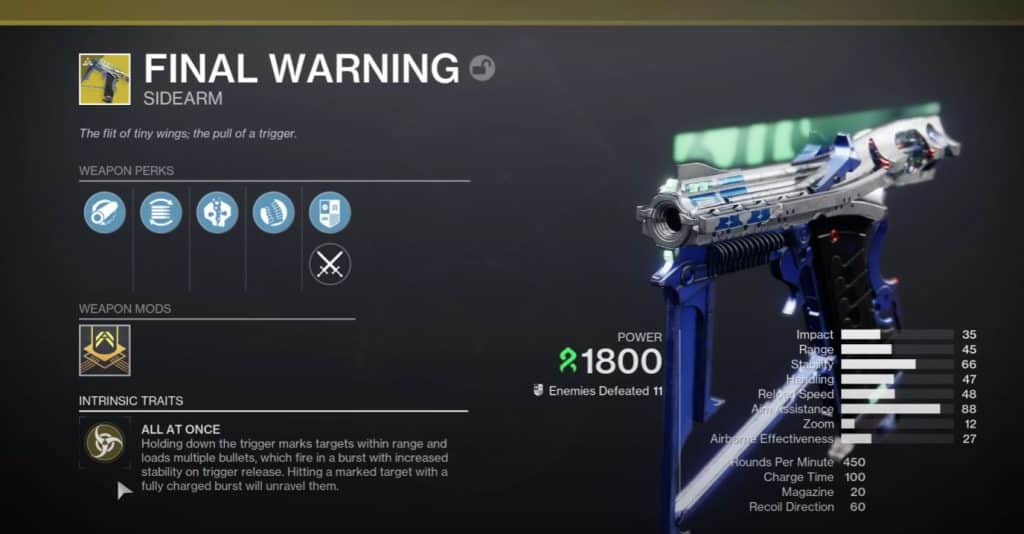 Final Warning in Destiny 2 Lightfall stat