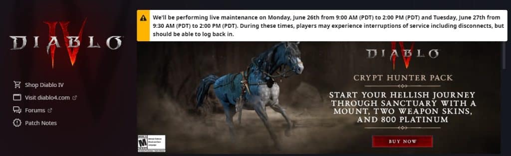 Diablo 4 system maintenance June 26 and 27