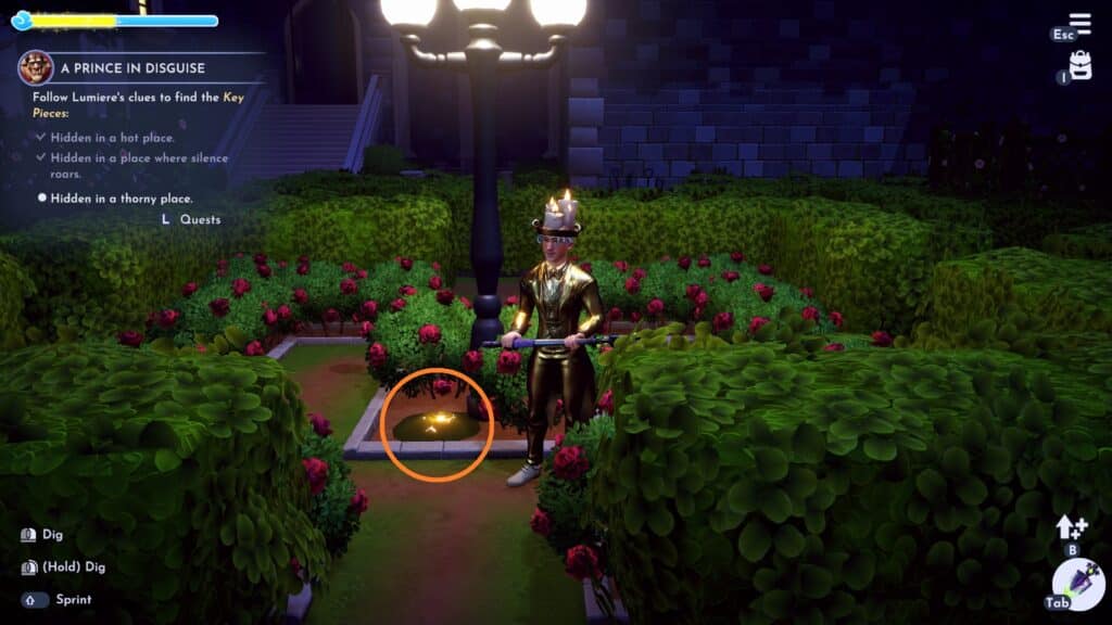 Key Piece #3 (Hidden in a thorny place) solution - A prince in disguise quest Disney Dreamlight Valley