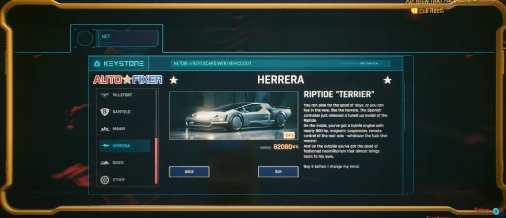 Auto Fixer website Herrera Riptide "Terrier" Cyberpunk 2077