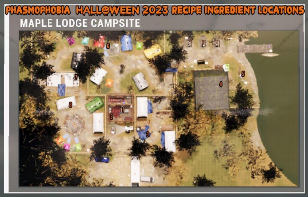 Map - All Phasmophobia Halloween 2023 Recipe Ingredient Locations
1: Toe of Frog
2: Jar of Mind
3: Death's Rot x3
4: Bowl of Grins
5: Love's Blossom
6: Screaming Skull
7: Eyes of the Bear
8: Sack of Beans x3
9: Light in the Dark