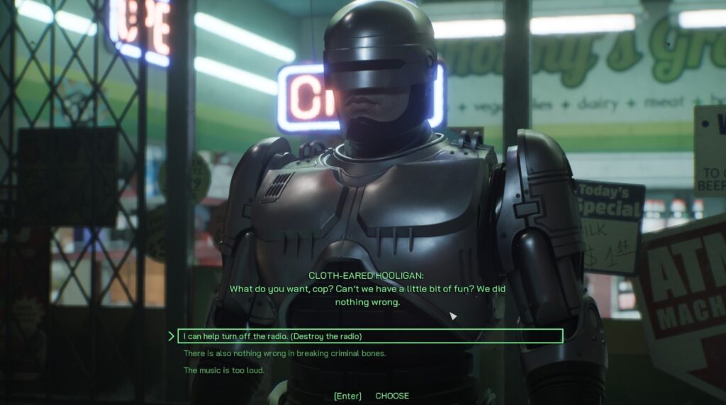 Clothed-Eared Hooligan and Store Clerk - RoboCop: Rogue City The Search for Soot Choices and Consequences