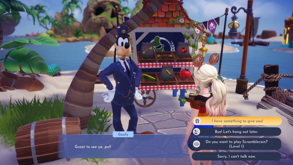 Interact with Goofy's stall to summon Goofy in Disney Dreamlight Valley