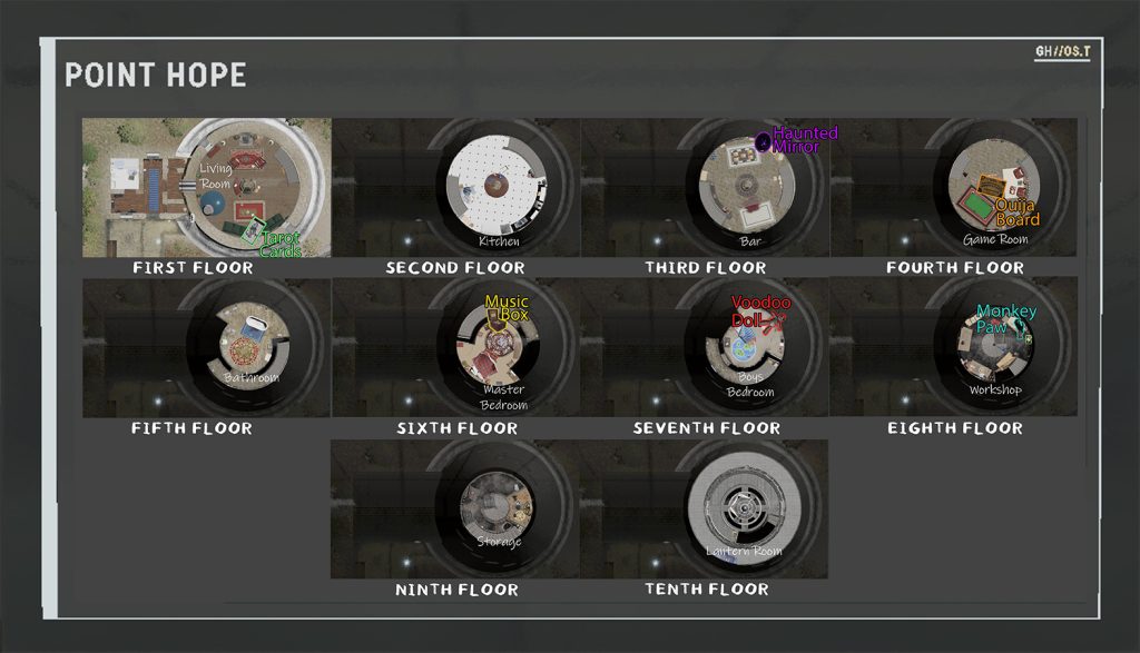 A map layout of the Lighthouse Point Hope showing all spawn locations for all cursed items in Phasmophobia